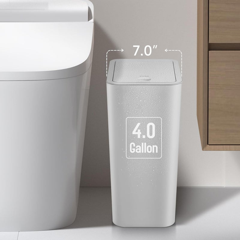 TIPGO Bathroom Trash Can with Lid, 4 Gallon / 15 Liter Small Garbage Can, Press Top Bin, Plastic Wastebasket with Pop-Up Lid for Bedroom, Living Room, Office (Grey, 2 Pack) - Image 2